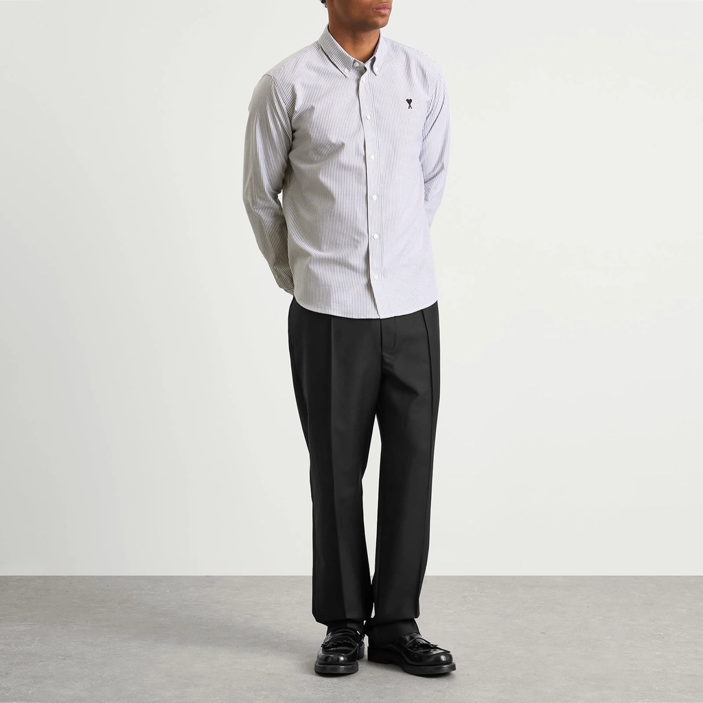 AMI Paris Men's Striped Cotton Oxford Classic Shirt Noir / Blanc Naturel